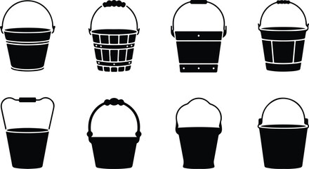 Bucket Icon Set  Cleaning, Gardening, and Utility Silhouette Collection Water and Paint Bucket Icons  Household and Industrial Tool Vector Set