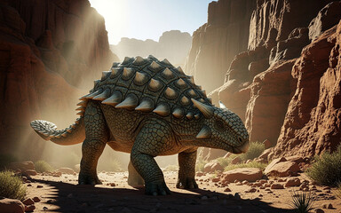 Ancient Marvel: A formidable Ankylosaurus strides across a prehistoric landscape, its armored form a testament to the age of dinosaurs, bathed in the sun's ethereal rays. 