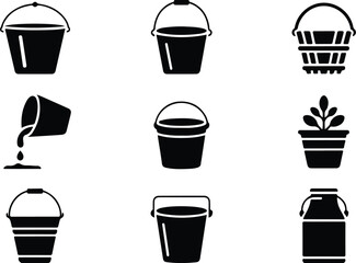 Bucket Icon Set  Cleaning, Gardening, and Utility Silhouette Collection Water and Paint Bucket Icons  Household and Industrial Tool Vector Set