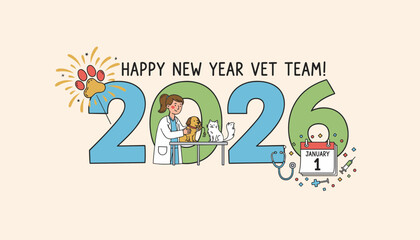 Veterinarian celebrates Happy New Year 2026 with pet dog cat and medical supplies