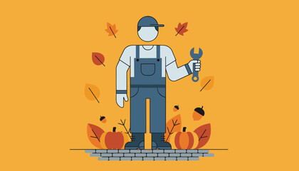 Autumn maintenance worker holding a wrench standing among pumpkins and fall leaves