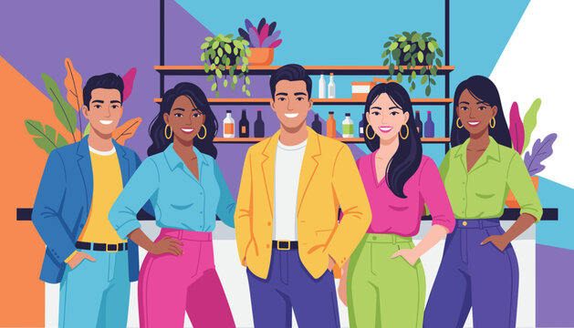 Happy diverse business team standing in a vibrant modern cafe or coworking space