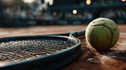 A weathered tennis ball and racket on a sunlit clay court, capturing the essence of outdoor sports and nostalgic realism.