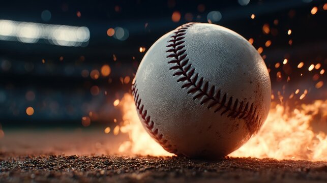 A softball engulfed in flames on a stadium field, showcasing energy and excitement, ideal for sports promotions and advertising.