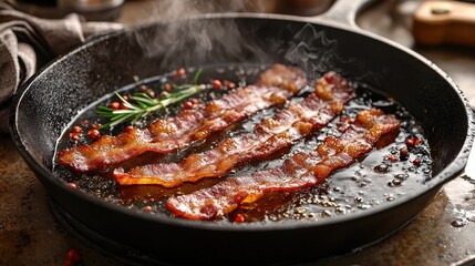 Cast iron sizzling bacon strips with grease crackling bubbling, steam rising from hot surface, golden-brown meat cooking motion