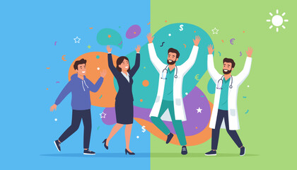 Diverse group doctors business youth celebrating success and unity