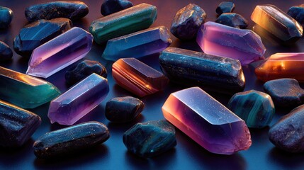 Vibrant array of colorful gemstones and crystals on a reflective surface, ideal for metaphysical, holistic, and interior design concepts.