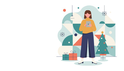 Woman using tablet for Christmas shopping or virtual holiday greetings next to tree and gifts