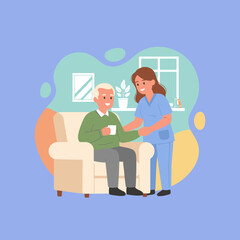 Happy senior man receiving professional home care assistance from nurse