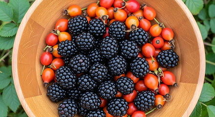 Freshly picked blackberries and rosehips in a wooden bowl from an overhead view