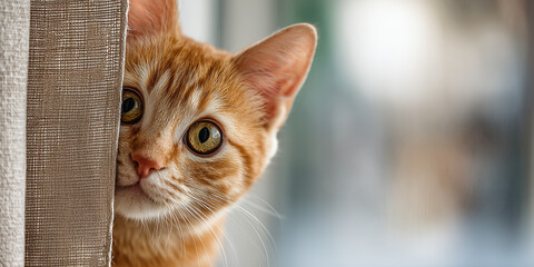 Adorable ginger cat curiously peeking from behind a curtain with wide golden eyes