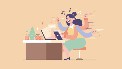 Efficient woman multitasking with multiple arms at her office desk during the busy holiday season