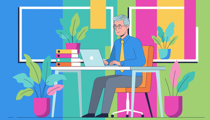 Professional man working on laptop in a vibrant modern office surrounded by plants Flat illustration