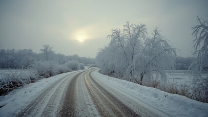 Snow-covered road in winter landscape with frosted trees and overcast sky, serene scene of cold weather and nature.