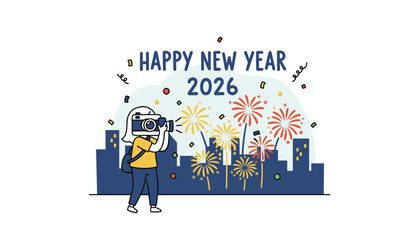 New Year 2026 celebration in the city skyline Woman taking pictures of vibrant fireworks