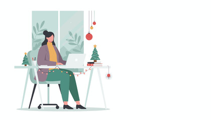 Working through the holidays Woman uses laptop at a desk with Christmas trees and lights