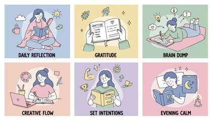 Cute illustration of selfcare and journaling methods reflection gratitude goals and creative flow