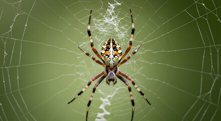 Orb weaver spider sits in its web against a blurred green background outdoors