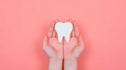 Hands holding white tooth shaped object symbolizing dental care and oral health on soft pink background, conveying cleanliness and protection with gentle touch