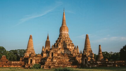 Fototapeta premium Ancient temple complex with multiple spires against a blue sky, showcasing historical architecture and cultural heritage.