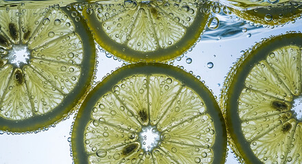 Fresh lemon slices floating in sparkling water with bubbles for a cool drink