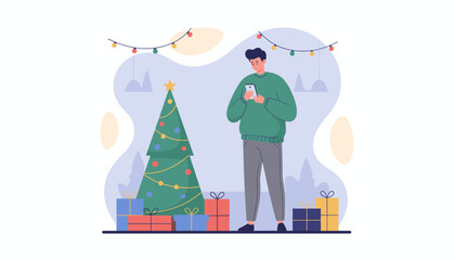 Sad man checking smartphone near Christmas tree and gifts holiday disconnection or digital loneliness