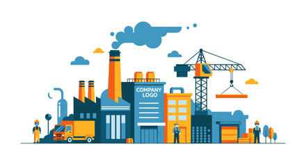 Manufacturing complex illustration featuring factory buildings crane truck and industrial workers