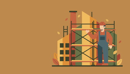 Construction worker standing by scaffolding and building renovation featuring flat vector design