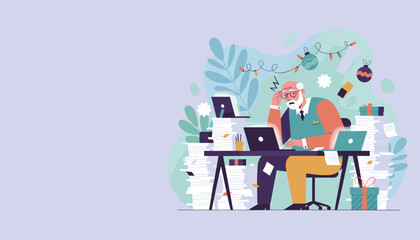 Stressed businessman overloaded with work and paperwork during the holiday season Burnout concept