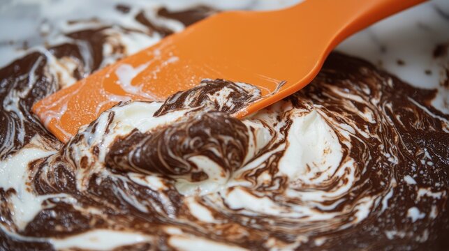 Silicone spatula fold orange tool gently mixing whipped whites chocolate batter swirling patterns kitchen baking process close-up