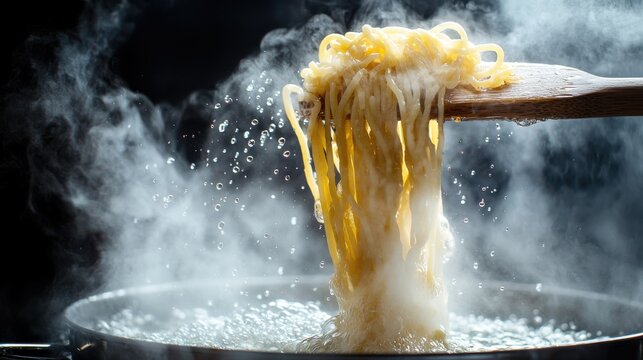 Pasta water steam rising from lifted noodles wooden fork cascading droplets boiling pot mid-air motion capture dynamic cooking action kitchen