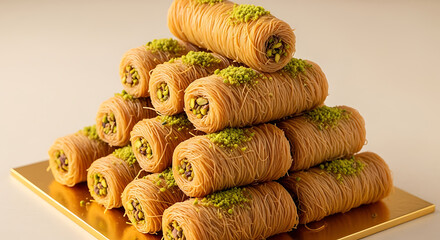 Delicious kataifi pastries stacked on a golden tray ready to be served and eaten