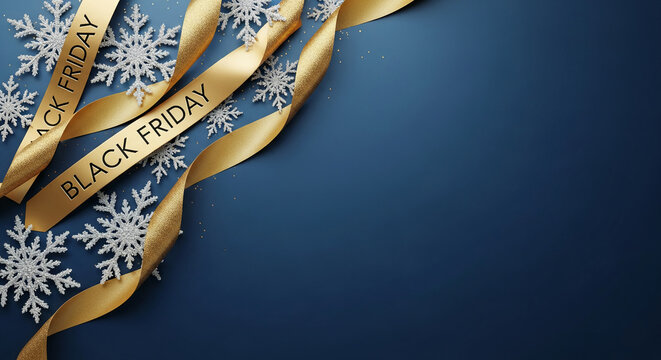 Golden ribbon with "Black Friday" text and glittery snowflake on blue surface, representing seasonal sale, discount, and festive winter shopping