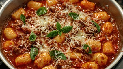 A pan of gnocchi with tomato sauce, grated cheese, ground meat, and fresh basil leaves.
