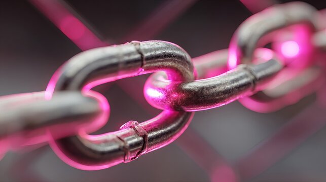 Durable metal chain links interconnected with vibrant glowing pink light creating a modern abstract background for technology and security concepts - Powered by Adobe