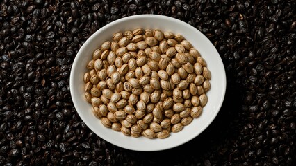 A bowl of coriander seeds surrounded by black peppercorns. Spices and seasoning, culinary ingredients, natural flavorings. The concept of herbs and spices for cooking.