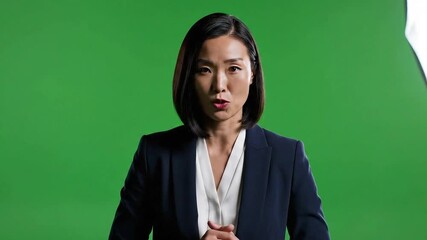 Asian woman in blazer presenting against green screen backdrop with softbox lighting visible right - Powered by Adobe