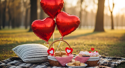 Romantic picnic with heart balloons and treats in a sunlit park setting outdoors