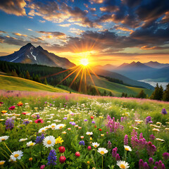 Sunrise over mountain meadow, flowers blooming, peaceful landscape on a isolated white background. PNG