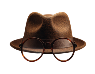 Detective Disguise Set – Brown Fedora Hat and Vintage Glasses Isolated PNG (Generative AI)