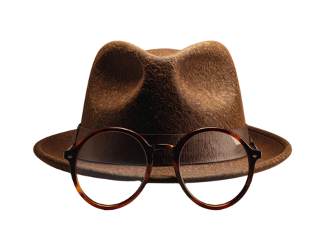 Detective Disguise Set – Brown Fedora Hat and Vintage Glasses Isolated PNG (Generative AI)