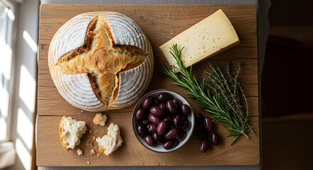 Fresh bread cheese olives and herbs on a wooden board ready for a meal prep