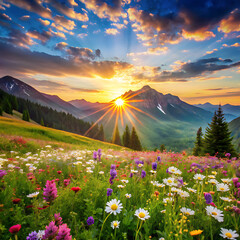 Sunrise over mountain meadow, flowers blooming, peaceful landscape on a isolated white background. PNG