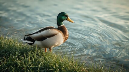 Obraz premium A duck standing on grass near water's edge with rippling water in the background. Nature and wildlife, aquatic animals, bird photography.