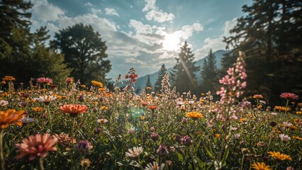 Colorful wildflowers in a meadow with trees and mountains under a bright sky, sunlight shining through clouds. Nature scenery and blooming flowers.
