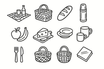 Cups vector plates loaf picnic icons dining essentials icon thermos fruits outdoor