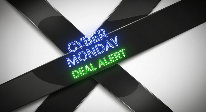 Three crossing glossy black ribbons over white background. Neon text "Cyber Monday Deal Alert", concept for advertisement, promotion and shopping event