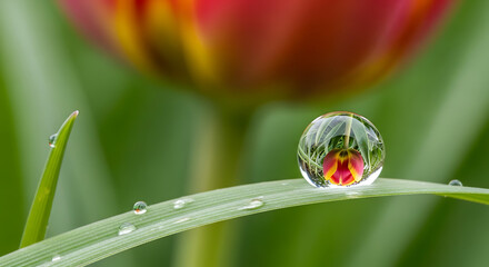 Tulip reflected in a water droplet on a blade of grass in a macro shot