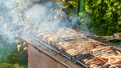 Grilled meat sizzling on barbecue grill with smoke rising, surrounded by greenery, creating a vibrant outdoor cooking atmosphere