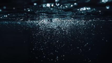 Water surface with bubbles and ripples, dark background. Nature and water photography. Underwater scene. The concept of water movement and aquatic environment.